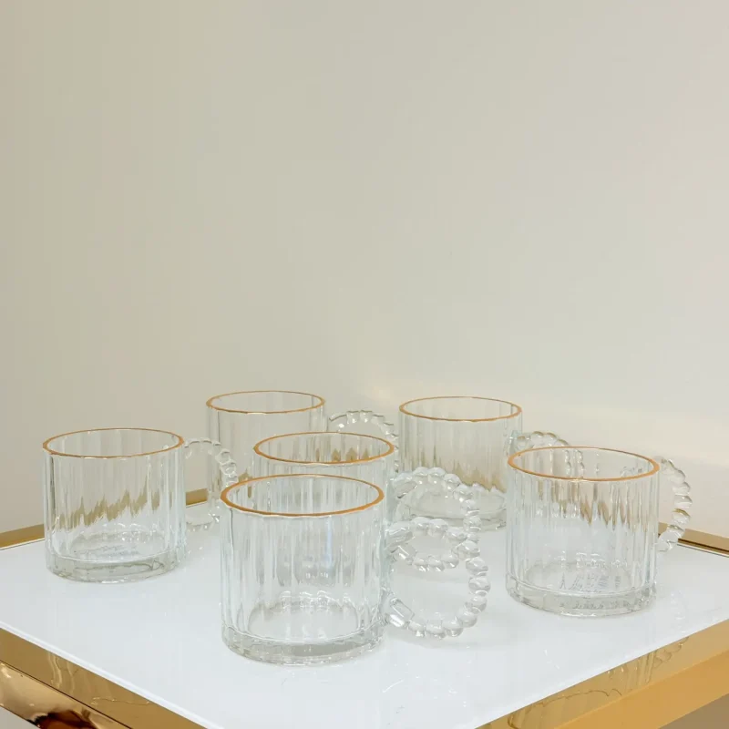 Set of 6 Fluted Glass Mugs with Gold Rim and Beaded Handle 11 fl oz