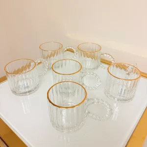 Set of 6 Fluted Glass Mugs with Gold Rim and Beaded Handle 11 fl oz