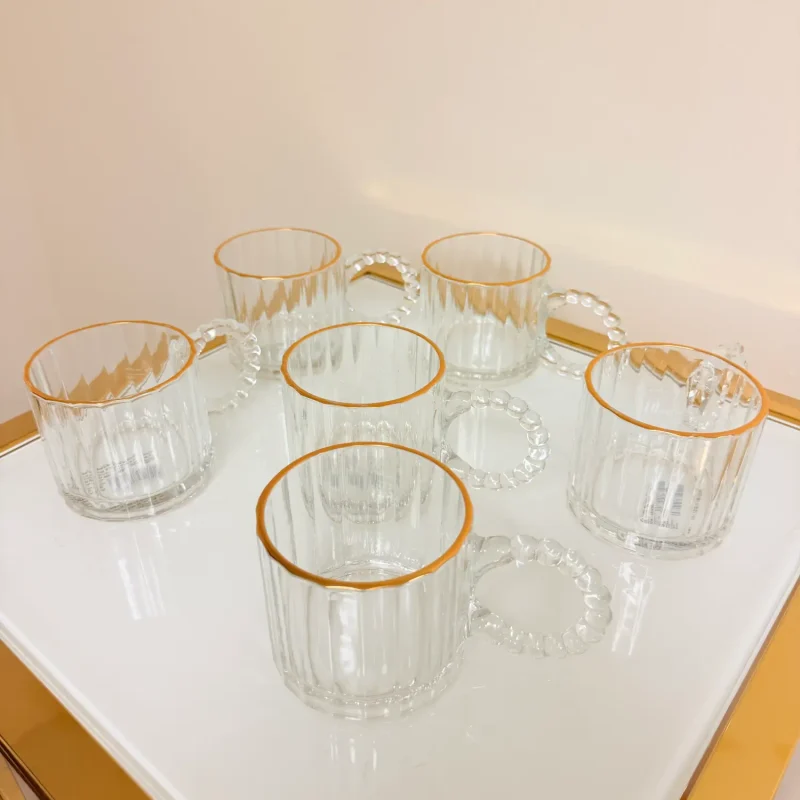 Set of 6 Fluted Glass Mugs with Gold Rim and Beaded Handle 11 fl oz