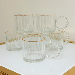 Set of 6 Fluted Glass Mugs with Gold Rim and Beaded Handle 11 fl oz