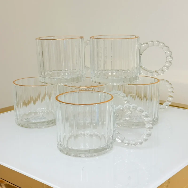 Set of 6 Fluted Glass Mugs with Gold Rim and Beaded Handle 11 fl oz