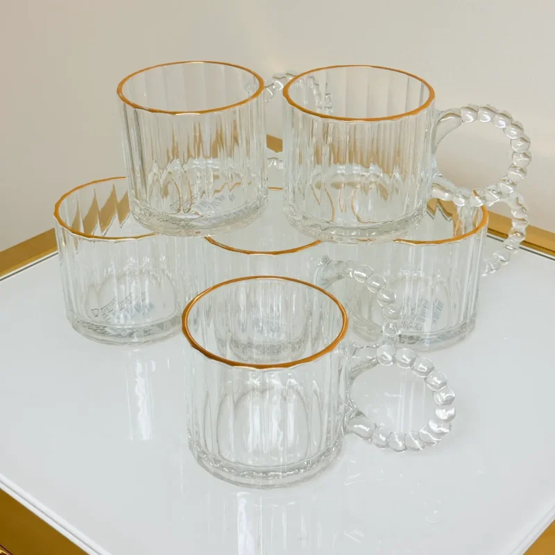 Set of 6 Fluted Glass Mugs with Gold Rim and Beaded Handle 11 fl oz