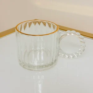 Set of 6 Fluted Glass Mugs with Gold Rim and Beaded Handle 11 fl oz