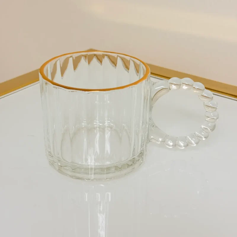 Set of 6 Fluted Glass Mugs with Gold Rim and Beaded Handle 11 fl oz