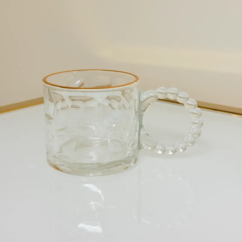 Set of 6 Glass Mugs with Textured Design and Gold Rim 11 fl oz