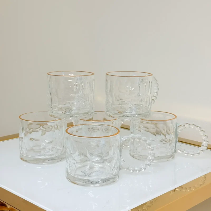 Set of 6 Glass Mugs with Textured Design and Gold Rim 11 fl oz