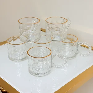 Set of 6 Glass Mugs with Textured Design and Gold Rim 11 fl oz