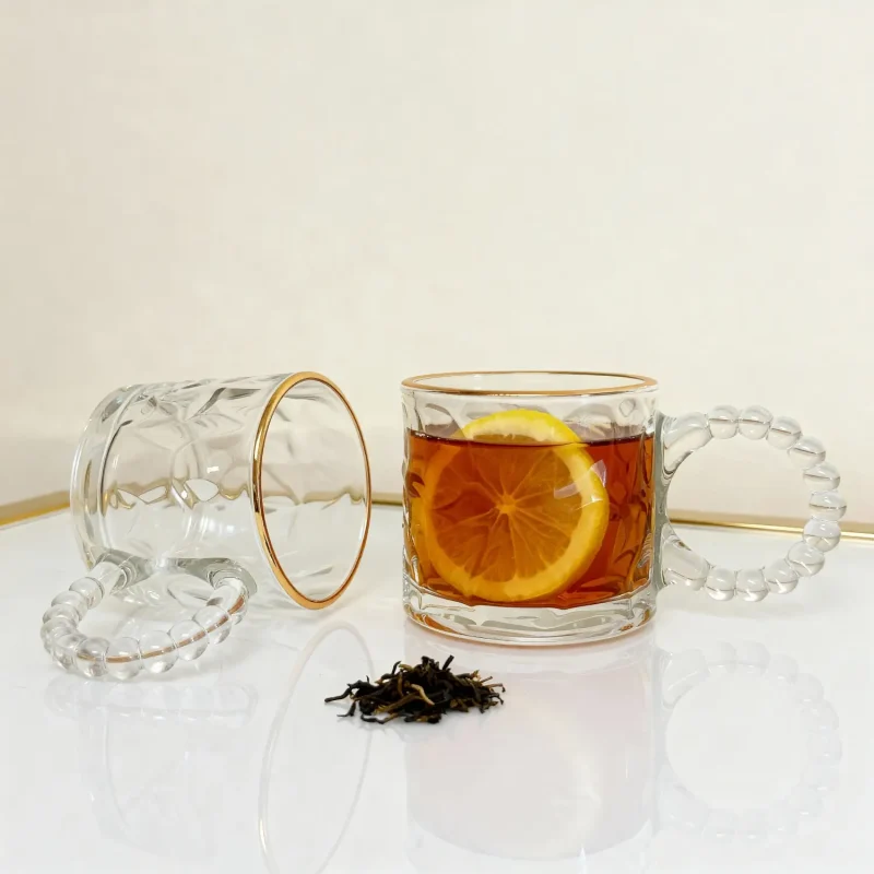 Set of 6 Glass Mugs with Textured Design and Gold Rim 11 fl oz