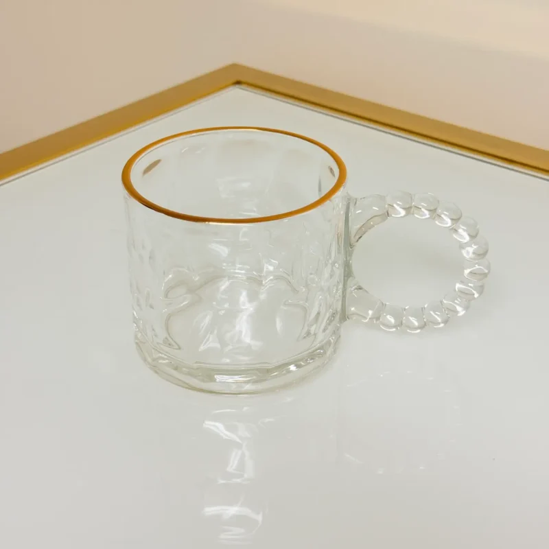 Set of 6 Glass Mugs with Textured Design and Gold Rim 11 fl oz