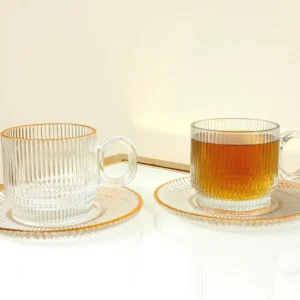 Set of 6 Ribbed Glass Teacups Clear Gold Rim with Saucers 6 oz