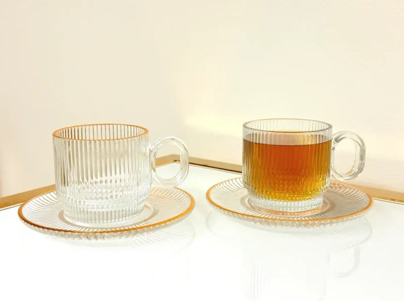 Set of 6 Ribbed Glass Teacups Clear Gold Rim with Saucers 6 oz
