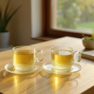 Set of 6 Ribbed Glass Teacups Clear Gold Rim with Saucers 6 oz