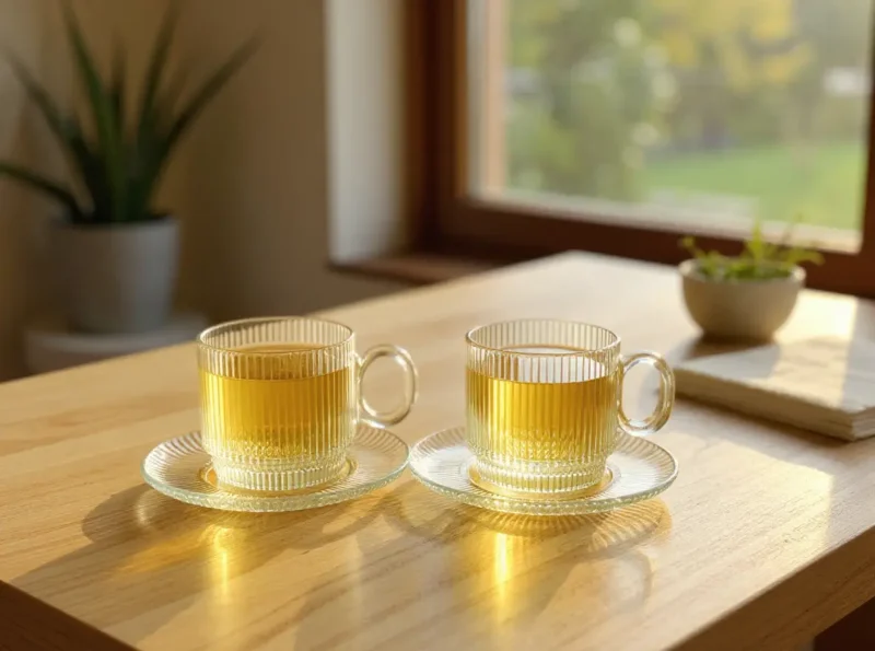 Set of 6 Ribbed Glass Teacups Clear Gold Rim with Saucers 6 oz