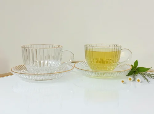 set-of-6-textured-glass-teacups-clear-gold-rim-8oz Set of 6 Textured Glass Teacups Clear Gold Rim with Saucers 8 oz