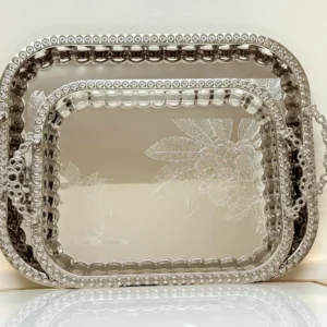 2-Piece Silver Serving Tray Set with Floral Engraving - Decorative Handles & Raised Edges