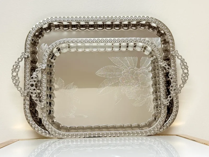 2-Piece Silver Serving Tray Set with Floral Engraving - Decorative Handles & Raised Edges