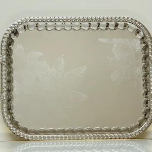 2-Piece Silver Serving Tray Set with Floral Engraving - Decorative Handles & Raised Edges