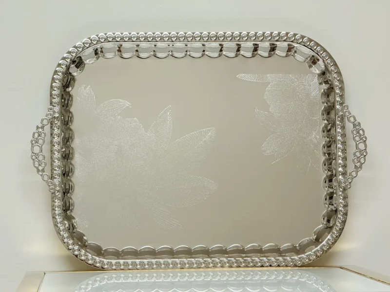 2-Piece Silver Serving Tray Set with Floral Engraving - Decorative Handles & Raised Edges