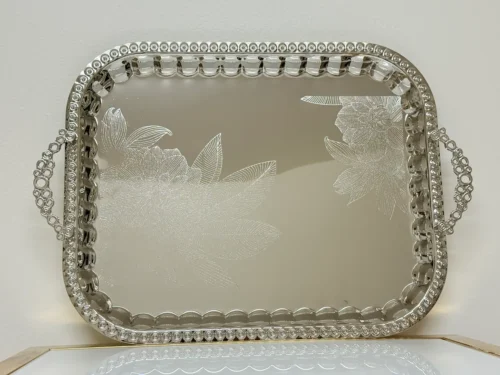 silver serving tray set with floral engraving
