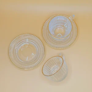 Set of 6 Textured Glass Teacups Clear Gold Rim with Saucers 8 oz