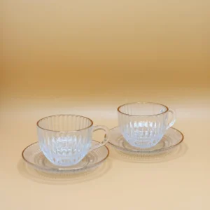 Set of 6 Textured Glass Teacups Clear Gold Rim with Saucers 8 oz