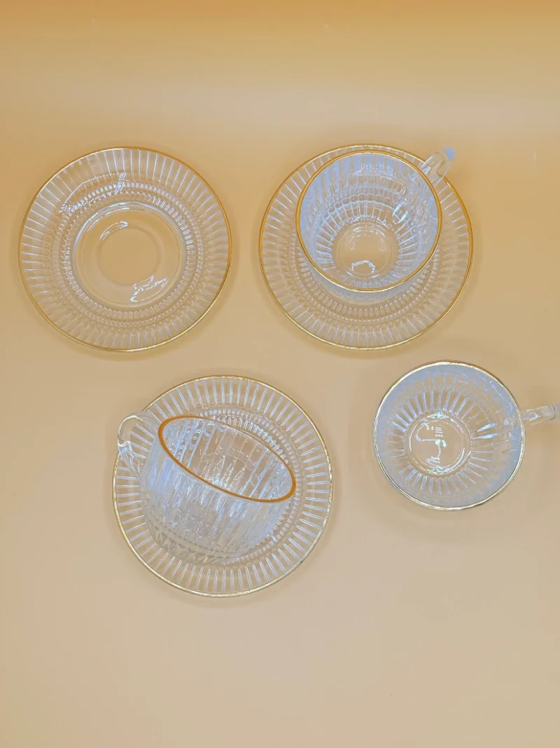 Set of 6 Textured Glass Teacups Clear Gold Rim with Saucers 8 oz