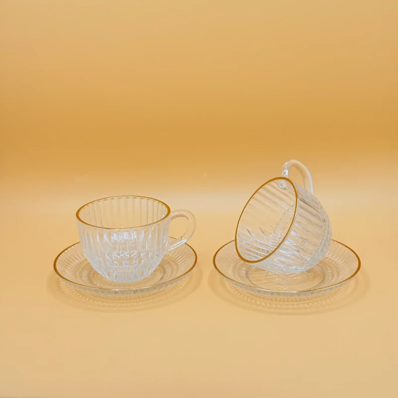 Set of 6 Textured Glass Teacups Clear Gold Rim with Saucers 8 oz