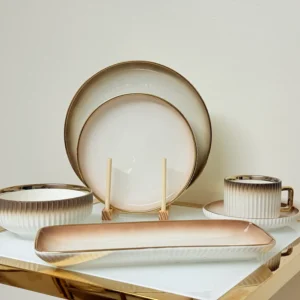 32-Piece Gradient Ceramic Dinnerware Set with Gold Trim - Plates, Bowls, Cups & Serving Plates (Brown or Black)