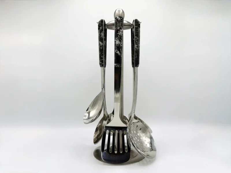 7pc-stainless-steel-utensil-set-faux-wood-handle-black 7-Piece Stainless Steel Kitchen Utensil Set with Faux Wood-Textured Handle - Light Brown, Brown, Black