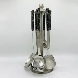 7pc-stainless-steel-utensil-set-faux-wood-handle-black-front 7-Piece Stainless Steel Kitchen Utensil Set with Faux Wood-Textured Handle - Light Brown, Brown, Black