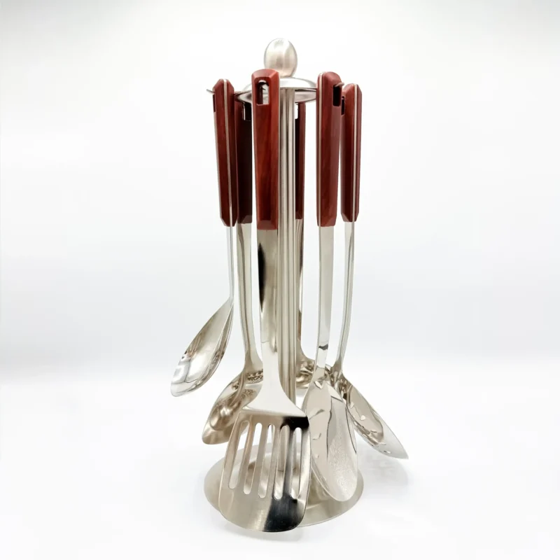 7pc-stainless-steel-utensil-set-faux-wood-handle-brown 7-Piece Stainless Steel Kitchen Utensil Set with Faux Wood-Textured Handle - Light Brown, Brown, Black