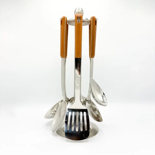 7-Piece Stainless Steel Kitchen Utensil Set with Faux Wood-Textured Handle - Light Brown, Brown, Black