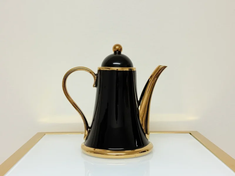 8-Piece Ceramic Tea Set with Gold Trim - Teapot, 6 Cups & Tray (Black or White)