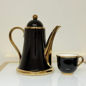 8-Piece Ceramic Tea Set with Gold Trim - Teapot, 6 Cups & Tray (Black or White)
