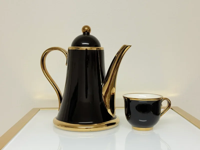 8-Piece Ceramic Tea Set with Gold Trim - Teapot, 6 Cups & Tray (Black or White)