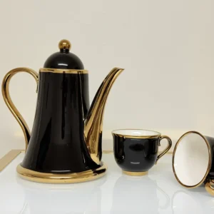 8-Piece Ceramic Tea Set with Gold Trim - Teapot, 6 Cups & Tray (Black or White)