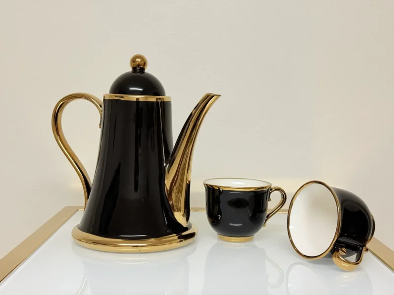 8-Piece Ceramic Tea Set with Gold Trim - Teapot, 6 Cups & Tray (Black or White)