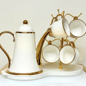 8-Piece Ceramic Tea Set with Gold Trim - Teapot, 6 Cups & Tray (Black or White)