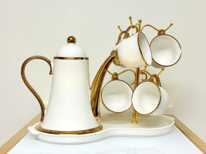 8-Piece Ceramic Tea Set with Gold Trim - Teapot, 6 Cups & Tray (Black or White)