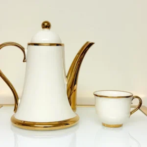 8-Piece Ceramic Tea Set with Gold Trim - Teapot, 6 Cups & Tray (Black or White)