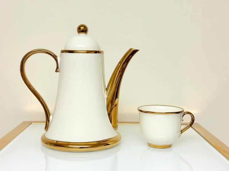 8-Piece Ceramic Tea Set with Gold Trim - Teapot, 6 Cups & Tray (Black or White)