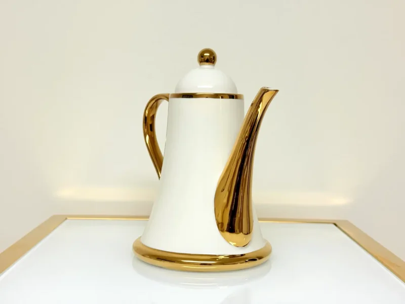 8-Piece Ceramic Tea Set with Gold Trim - Teapot, 6 Cups & Tray (Black or White)