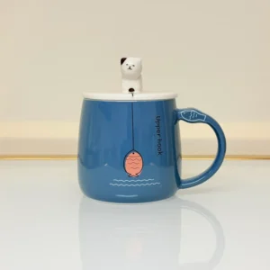 Cute Ceramic Cat Mug with Lid and Spoon - Adorable Gift for Tea & Coffee Lovers (Blue, Pink, Yellow, Gray)