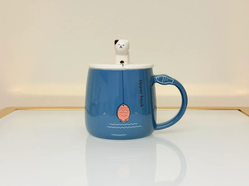 Cute Ceramic Cat Mug with Lid and Spoon - Adorable Gift for Tea & Coffee Lovers (Blue, Pink, Yellow, Gray)