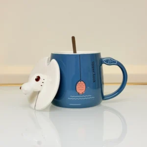Cute Ceramic Cat Mug with Lid and Spoon - Adorable Gift for Tea & Coffee Lovers (Blue, Pink, Yellow, Gray)