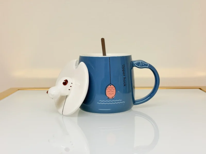 Cute Ceramic Cat Mug with Lid and Spoon - Adorable Gift for Tea & Coffee Lovers (Blue, Pink, Yellow, Gray)