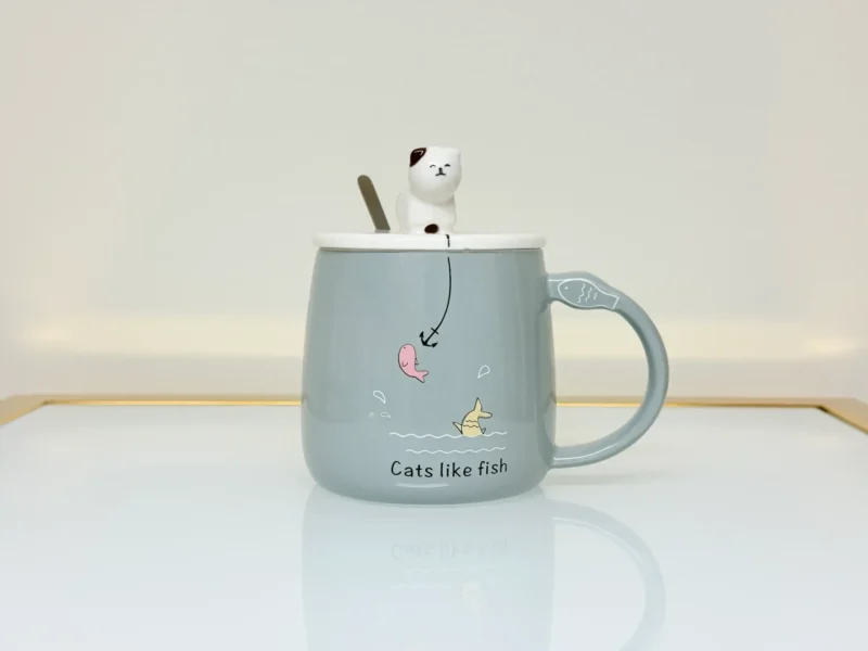 Cute Ceramic Cat Mug with Lid and Spoon - Adorable Gift for Tea & Coffee Lovers (Blue, Pink, Yellow, Gray)