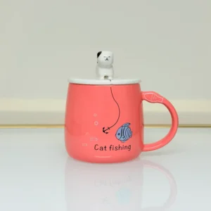 Cute Ceramic Cat Mug with Lid and Spoon - Adorable Gift for Tea & Coffee Lovers (Blue, Pink, Yellow, Gray)