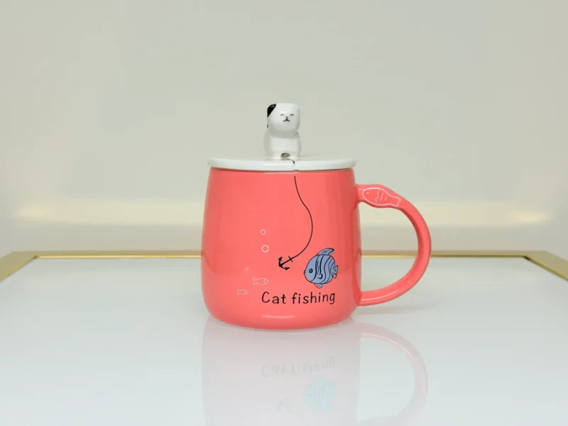 Cute Ceramic Cat Mug with Lid and Spoon - Adorable Gift for Tea & Coffee Lovers (Blue, Pink, Yellow, Gray)
