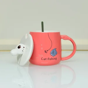 Cute Ceramic Cat Mug with Lid and Spoon - Adorable Gift for Tea & Coffee Lovers (Blue, Pink, Yellow, Gray)
